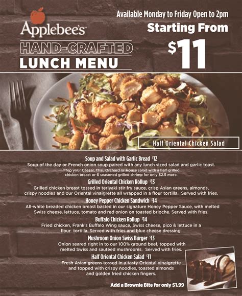 Lunch menu applebee - Applebee's® is proud to be working with delivery partners and other services to offer delivery near you. Always great for dinner and lunch delivery! Check your mobile app or call (970) 593-0655 for a list of delivery options. Be sure to choose the location at 213 East 29th Street, Loveland, CO 80538 to get your food as quickly as possible. 